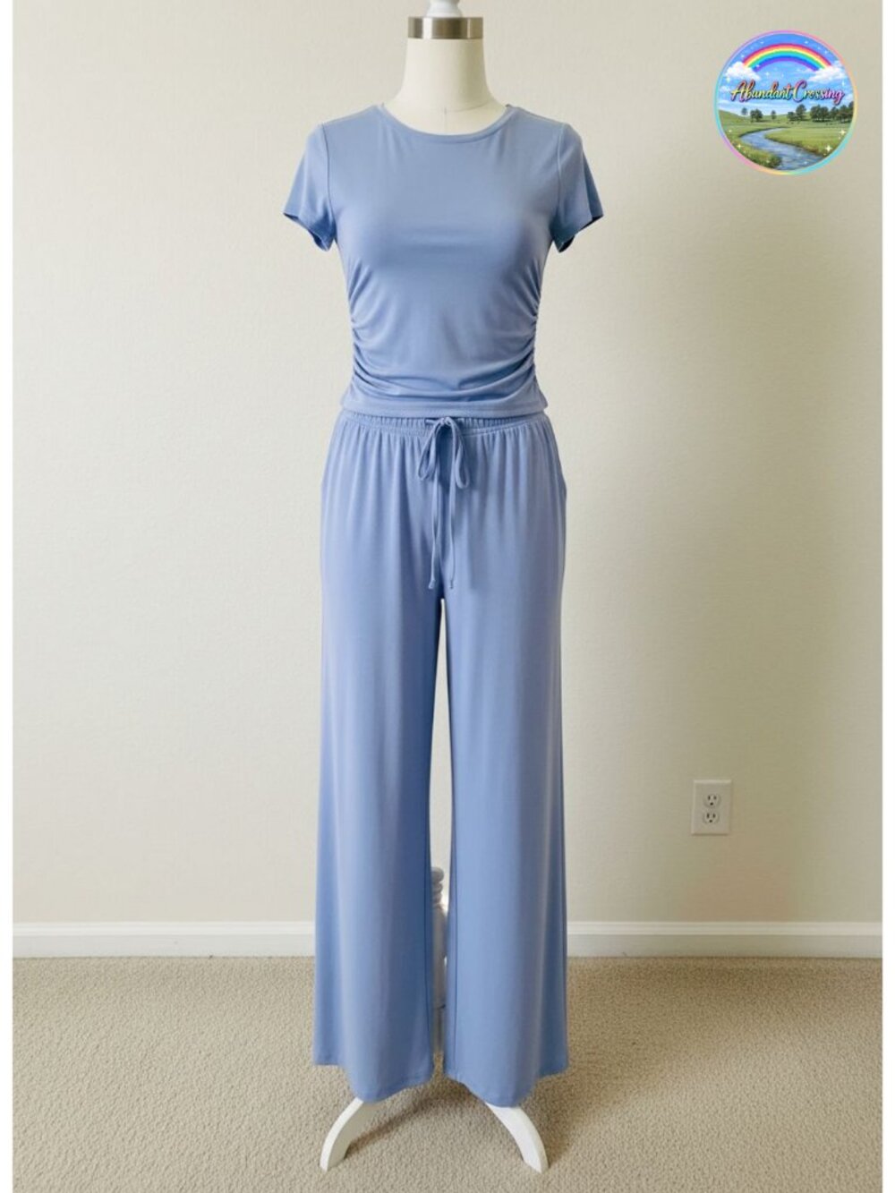 Women's 2 Piece Lounge Set Ruched Crop Top Wide Leg Pants Rayon Spandex Travel
